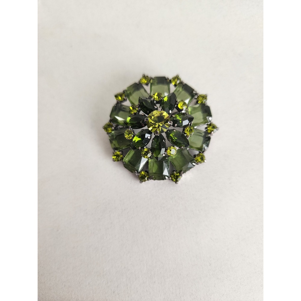 Vintage Green Rhinestone Sunburst Brooch Gunmetal Tone Layered Floral Pin